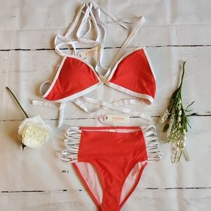 Strappy Red High Waist Bikini